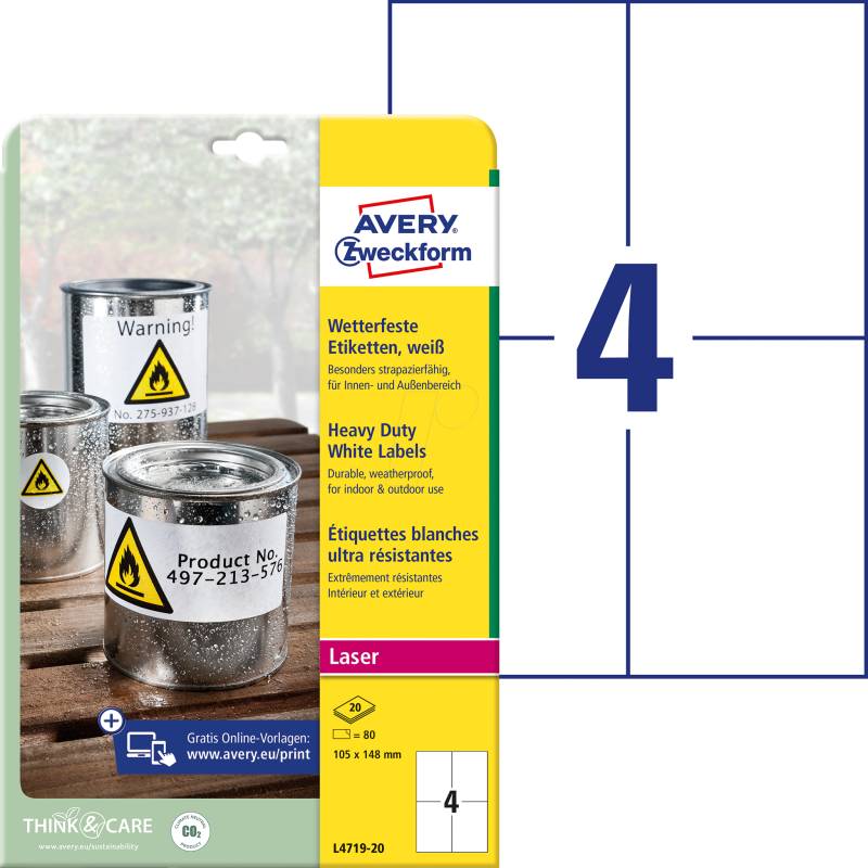 AVZ L4719-20 - Folien-Etiketten, wasserfest, 105 x 148 mm, 80 Stück, weiß von AVERY ZWECKFORM