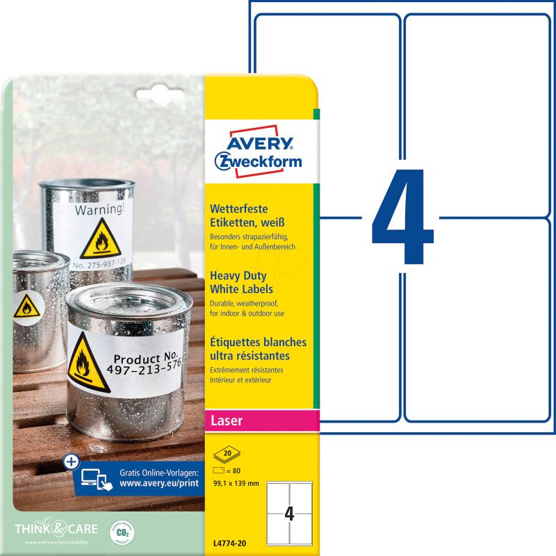 AVZ L4774-20 - Folien-Etiketten, wasserfest, 99,1 x 139 mm, 80 Stück, weiß von AVERY ZWECKFORM