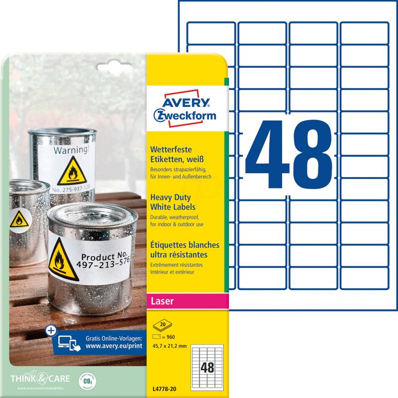 AVZ L4778-20 - Folien-Etiketten, wasserfest, 45,7 x 21,2 mm, 960 Stück, weiß von AVERY ZWECKFORM