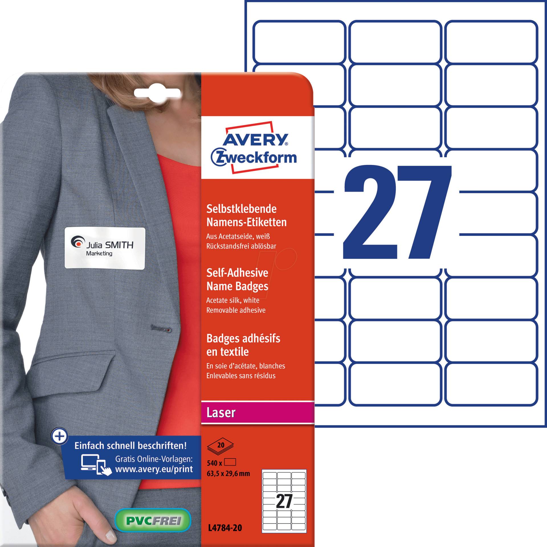 AVZ L4784-20 - Namens-Etiketten, Acetatseide, 63,5 x 29,6 mm, 540 Stück, weiß AVZ L4784-20 - Namens-Etiketten, Acetatseide, 63,5 x 29,6 mm, 540 Stück, weiß von AVERY ZWECKFORM