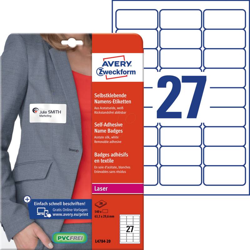 AVZ L4784-20 - Namens-Etiketten, Acetatseide, 63,5 x 29,6 mm, 540 Stück, weiß von AVERY ZWECKFORM