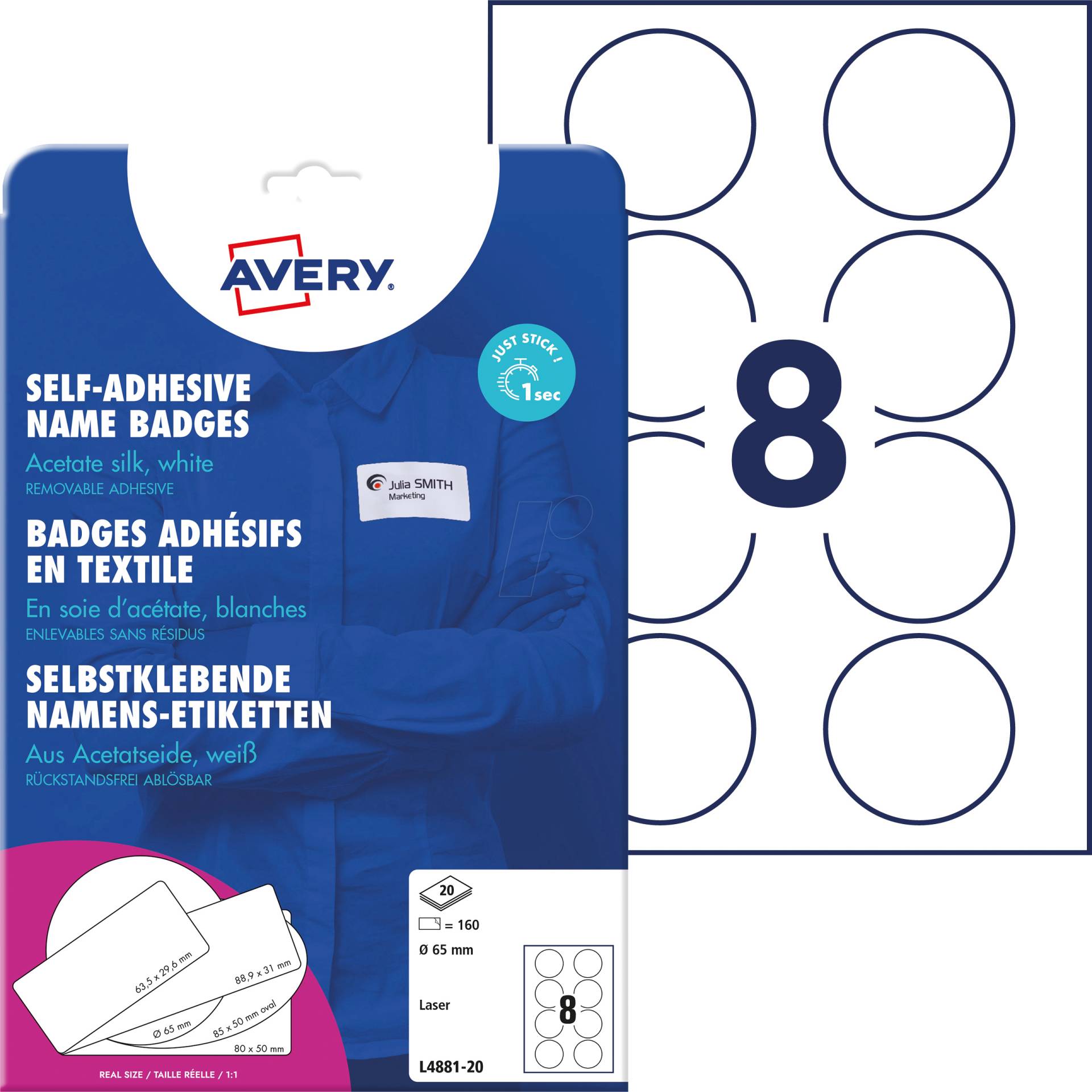 AVZ L4881-20 - Namens-Etiketten, Acetatseide, rund, Ø 65 mm, 160 Stück, weiß AVZ L4881-20 - Namens-Etiketten, Acetatseide, rund, Ø 65 mm, 160 Stück, weiß von AVERY ZWECKFORM