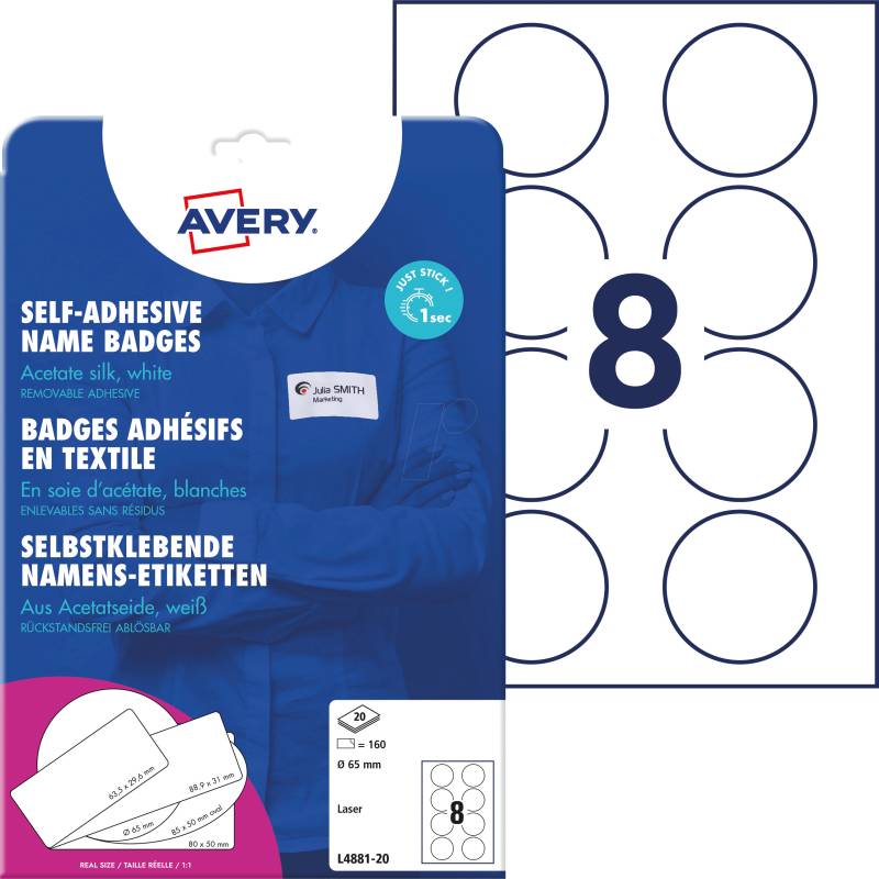 AVZ L4881-20 - Namens-Etiketten, Acetatseide, rund, Ø 65 mm, 160 Stück, weiß von AVERY ZWECKFORM