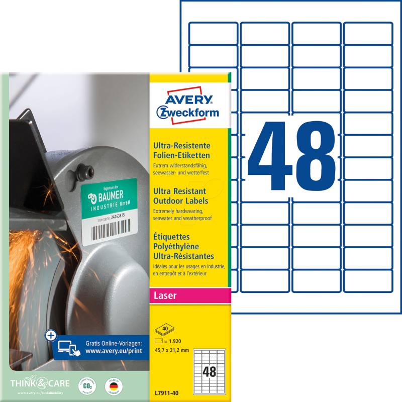 AVZ L7911-40 - Folien-Etiketten, extrem resistent, 45,7 x 21,2 mm, 1920 Stück, von AVERY ZWECKFORM