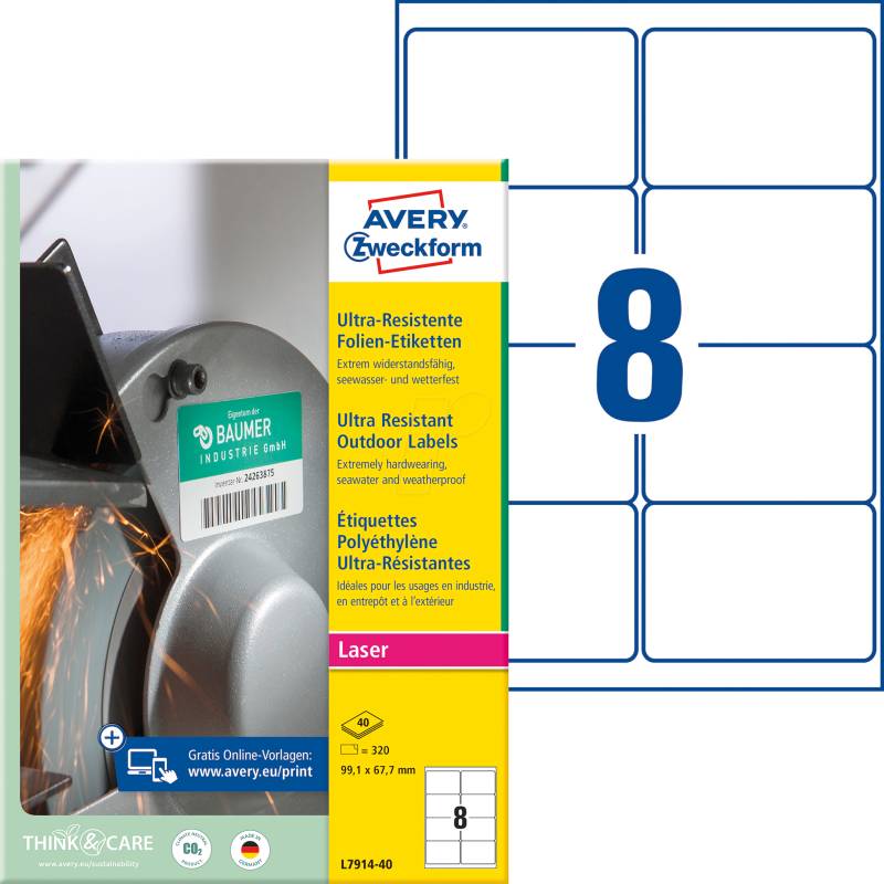 AVZ L7914-40 - Folien-Etiketten, extrem resistent, 99,1 x 67,7 mm, 320 Stück, w von AVERY ZWECKFORM