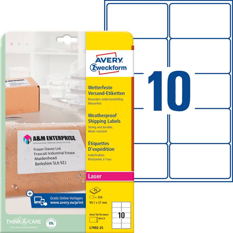 AVZ L7992-25 - Adressetikett, Versandetiketten, wasserfest, 99,1 x 57 mm, 250 S von AVERY ZWECKFORM