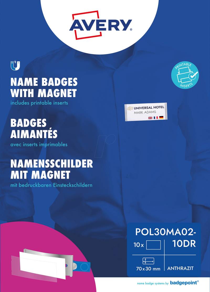 AVZ POL30MA02-10 - Namensschild, 70x30 mm, Magnet, mit Einsteckschilder, 10 Stück von AVERY ZWECKFORM