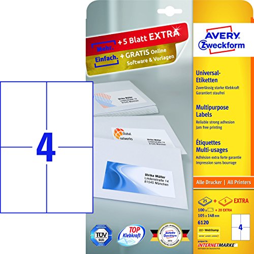 Etiketten 105x148mm weiß ZWECKFORM 6120 100 ST Etiketten 105x148mm weiß ZWECKFORM 6120 100 ST von AVERY ZWECKFORM