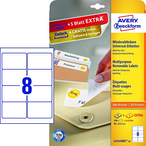 Etiketten 96x63,5mm abl. ZWECKFORM L4745REV-25 200ST von AVERY ZWECKFORM