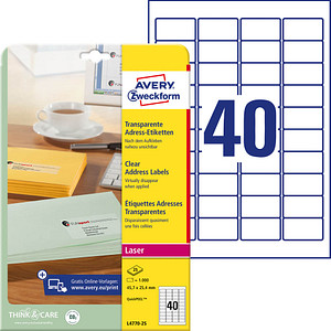 1.000 AVERY Zweckform Folien-Adressetiketten L4770-25 transparent 45,7 x 25,4 mm 1.000 AVERY Zweckform Folien-Adressetiketten L4770-25 transparent 45,7 x 25,4 mm von AVERY Zweckform