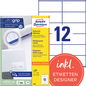 1.200 AVERY Zweckform Etiketten 3424 weiß 105,0 x 48,0 mm 1.200 AVERY Zweckform Etiketten 3424 weiß 105,0 x 48,0 mm von AVERY Zweckform