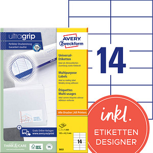 1.400 AVERY Zweckform Etiketten 3653 weiß 105,0 x 42,3 mm 1.400 AVERY Zweckform Etiketten 3653 weiß 105,0 x 42,3 mm von AVERY Zweckform