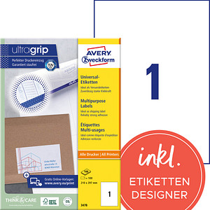 100 AVERY Zweckform Etiketten 3478 weiß 210,0 x 297,0 mm 100 AVERY Zweckform Etiketten 3478 weiß 210,0 x 297,0 mm von AVERY Zweckform