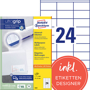 2.400 AVERY Zweckform Etiketten 3422 weiß 70,0 x 35,0 mm 2.400 AVERY Zweckform Etiketten 3422 weiß 70,0 x 35,0 mm von AVERY Zweckform