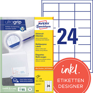 2.400 AVERY Zweckform Etiketten 3658 weiß 64,6 x 33,8 mm 2.400 AVERY Zweckform Etiketten 3658 weiß 64,6 x 33,8 mm von AVERY Zweckform