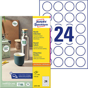 2.400 AVERY Zweckform Etiketten L3415-100 weiß 40,0 x 40,0 mm 2.400 AVERY Zweckform Etiketten L3415-100 weiß 40,0 x 40,0 mm von AVERY Zweckform