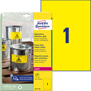 20 AVERY Zweckform wetterfeste Folienetiketten L6111-20 gelb 210,0 x 297,0 mm 20 AVERY Zweckform wetterfeste Folienetiketten L6111-20 gelb 210,0 x 297,0 mm von AVERY Zweckform