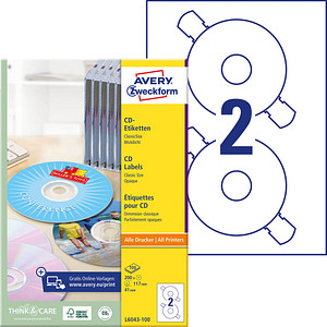 200 AVERY Zweckform CD-Etiketten L6043-100 weiß von AVERY Zweckform