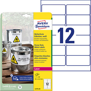 240 AVERY Zweckform wetterfeste Folienetiketten L4776-20 weiß 99,1 x 42,3 mm von AVERY Zweckform