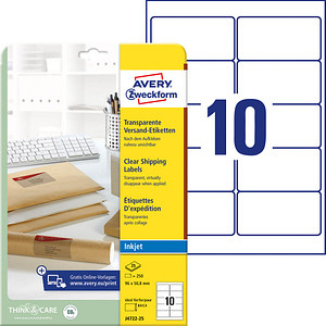 250 AVERY Zweckform Folien-Versandetiketten J4722-25 transparent 96,0 x 50,8 mm von AVERY Zweckform