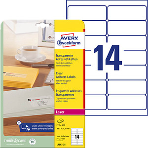 350 AVERY Zweckform Folien-Adressetiketten L7563-25 transparent 99,1 x 38,1 mm 350 AVERY Zweckform Folien-Adressetiketten L7563-25 transparent 99,1 x 38,1 mm von AVERY Zweckform