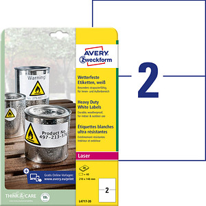 40 AVERY Zweckform wetterfeste Folienetiketten L4717-20 weiß 210,0 x 148,0 mm 40 AVERY Zweckform wetterfeste Folienetiketten L4717-20 weiß 210,0 x 148,0 mm von AVERY Zweckform