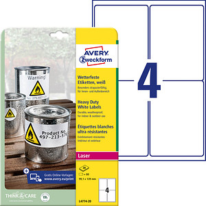 80 AVERY Zweckform wetterfeste Folienetiketten L4774-20 weiß 99,1 x 139,0 mm 80 AVERY Zweckform wetterfeste Folienetiketten L4774-20 weiß 99,1 x 139,0 mm von AVERY Zweckform