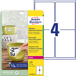 80 AVERY Zweckform wetterfeste Folienetiketten L4774REV-20 weiß 99,1 x 139,0 mm 80 AVERY Zweckform wetterfeste Folienetiketten L4774REV-20 weiß 99,1 x 139,0 mm von AVERY Zweckform