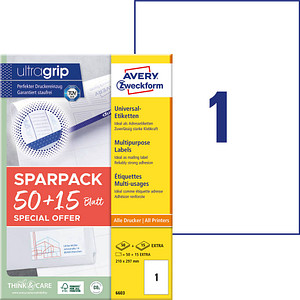 AKTION: 65 AVERY Zweckform Etiketten 6603 weiß 210,0 x 297,0 mm AKTION: 65 AVERY Zweckform Etiketten 6603 weiß 210,0 x 297,0 mm von AVERY Zweckform