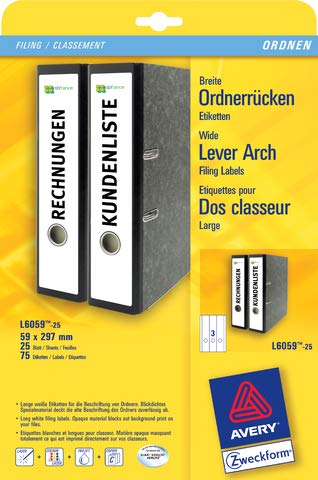 AVERY Zweckform® Rückenschild, auf A4-Bogen, selbstklebend, Papier, breit/lang, 59 x 297 mm, weiß (75 Stück), Sie erhalten 1 Packung á 75 Stück von AVERY Zweckform