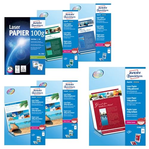 AVERY Zweckform 1198 Superior Colour Laser Papier (200 Blatt, 120 g/m², DIN A4 Papier, beidseitig beschichtet, glänzend, weiß, FSC, für Fotodrucke mit Farblaserdrucker) 1 Pack von AVERY Zweckform