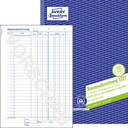 AVERY Zweckform 1227 Recycling Kassenabrechnung (A4, 2x50 Blatt, 1 Blatt Blaupapier, MwSt.-Spalte für Einnahmen & Ausgaben, von Rechtsexperten geprüft, für DE/AT, ordungsgemäße Buchführung) weiß/gelb von AVERY Zweckform