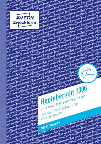 AVERY Zweckform 1306 Regiebericht (A5, mit 2 Blatt Blaupapier, von Rechtsexperten geprüft, für Deutschland/Österreich zur Dokumentation von Arbeitsleistung und Materialverbrauch, 2x50 Blatt) weiß/gelb von AVERY Zweckform