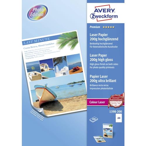 AVERY Zweckform 1398-200 Premium Colour Laser Papier (200 Blatt, 200 g/m², DIN A4 Papier, beidseitig beschichtet, hochglänzend, weiß, FSC, für Fotodrucke mit Farblaserdrucker) 1 Pack von AVERY Zweckform