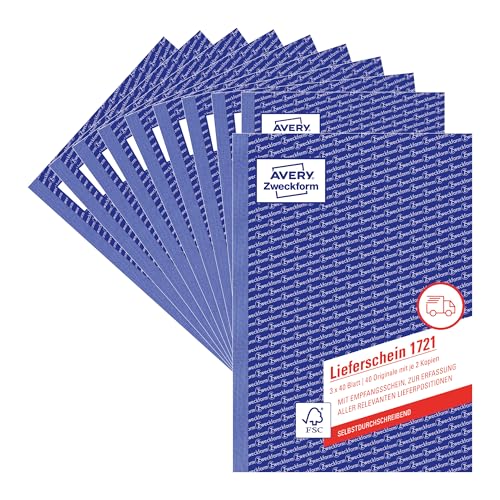 AVERY Zweckform 1721-10 Lieferschein mit Empfangsschein (A5, 3x40 Blatt, selbstdurchschreibend mit farbigen Durchschlägen, zur Erfassung aller relevanten Lieferpositionen) 10er Pack, weiß/gelb/rosa von AVERY Zweckform