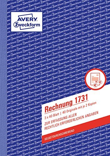 AVERY Zweckform 1731 Rechnung (A5, 3x40 Blatt, selbstdurchschreibend mit farbigen Durchschlägen, zur Erfassung aller rechtlich erforderlichen Angaben) weiß/gelb/rosa von AVERY Zweckform