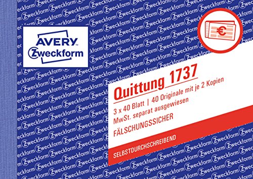 AVERY Zweckform 1735 Quittungsblock (A6 quer, 3x40 Blatt, selbstdurchschreibend, fälschungssicherer Dokumentendruck, für Beträge über 250€ mit separater MwSt., für DE/AT) weiß/gelb/rosa von AVERY Zweckform