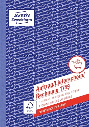 AVERY Zweckform 1749 Auftrag/Lieferschein/Rechnung Kombinationsbuch (A5, 3x40 Blatt, selbstdurchschreibend mit farbigen Durchschlägen, mit Unterschriftenfeld für Auftraggeber) weiß/gelb/rosa von AVERY Zweckform