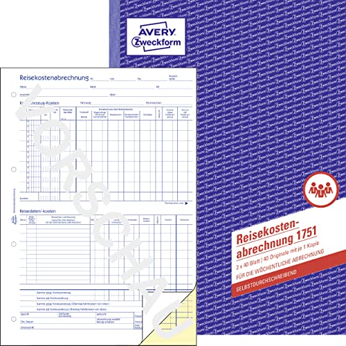 AVERY Zweckform 1751 Reisekostenabrechnung (A4, 2x40 Blatt, selbstdurchschreibend, von Rechtsexperten geprüft für Deutschland/Österreich zur wöch. Abrechnung inkl Kfz-Kostenaufstellung) weiß/gelb von AVERY Zweckform