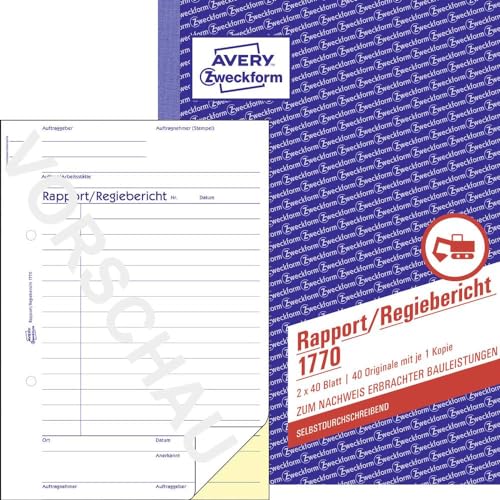 AVERY Zweckform 1770 Rapport/Regiebericht (A5, selbstdurchschreibend, von Rechtsexperten geprüft, für Deutschland und Österreich zur Dokumentation der Arbeitsleistung, 2x40 Blatt) weiß/gelb von AVERY Zweckform