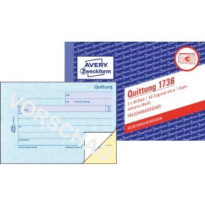 AVERY Zweckform 20 x Formularbuch Quittung A6 quer selbstdurchschreibend VE=2x40 Blatt von AVERY Zweckform