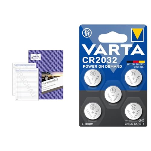 AVERY Zweckform 223 Fahrtenbuch & VARTA Batterien Knopfzellen CR2032, 5 Stück, Power on Demand, Lithium von AVERY Zweckform