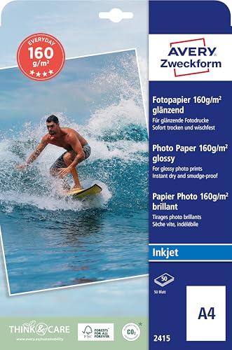 AVERY Zweckform 2415 Classic Inkjet Fotopapier (40 Blatt, 160 g/m², DIN A4 Papier, einseitig beschichtet, glänzend, weiß, zum Drucken von Fotos auf Tintenstrahldruckern, sofort trocknend) von AVERY Zweckform