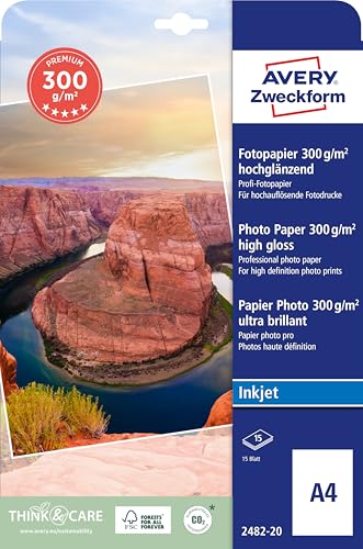 Avery Zweckform Art. 2482-20 Premium Inkjet Fotopapier (15 Blatt, 300 g/m², DIN A4, hochglänzende Fotokarten, einseitig beschichtet, sofort trocken & wischfest, Fotoblätter für Inkjet-Drucker) weiß Avery Zweckform Art. 2482-20 Premium Inkjet Fotopapier (15 Blatt, 300 g/m², DIN A4, hochglänzende Fotokarten, einseitig beschichtet, sofort trocken & wischfest, Fotoblätter für Inkjet-Drucker) weiß von AVERY Zweckform