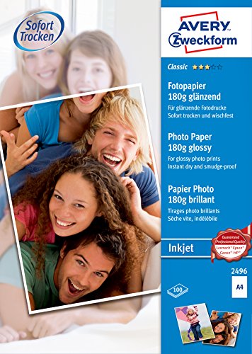 AVERY Zweckform 2496 Classic Inkjet Fotopapier (100 Blatt, 180 g/m², DIN A4 Papier, einseitig beschichtet, glänzend, weiß, zum Drucken von Fotos auf Tintenstrahldruckern, sofort trocknend) von AVERY Zweckform