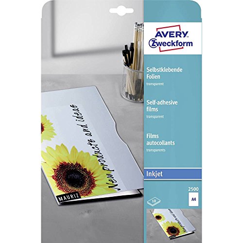 AVERY Zweckform 2500 Transparente Folien für Inkjetdrucker (10 selbstklebende Folien mit hoher Farbbrillanz, A4, spezialbeschichtet, stapelverarbeitbar, fotorealistisch, Folienstärke 0,17mm) von AVERY Zweckform