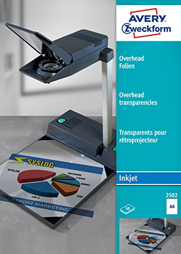 AVERY Zweckform 2502 Overhead-Folien für Inkjetdrucker (50 Transparentfolien, A4, spezialbeschichtet, stapelverarbeitbar, schnelle Farbaufnahme ohne Verschmieren und Verlaufen, Folienstärke 0,11mm) von AVERY Zweckform