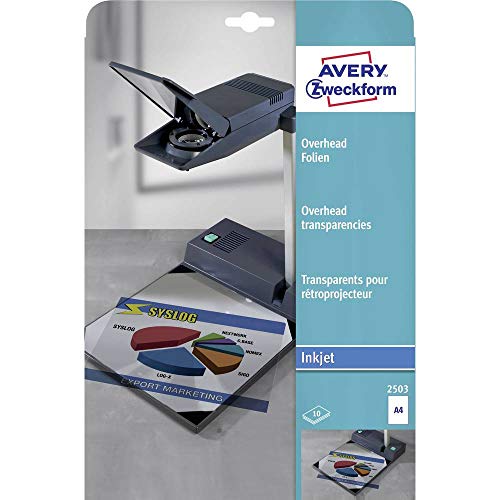 AVERY Zweckform 2503 Overhead-Folien für Inkjetdrucker (10 Transparentfolien, A4, spezialbeschichtet, stapelverarbeitbar, schnelle Farbaufnahme ohne Verschmieren und Verlaufen, Folienstärke 0,11mm) von AVERY Zweckform