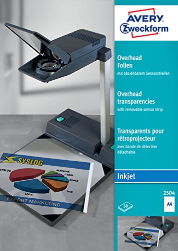 AVERY Zweckform 2504 Overhead-Folien für Inkjetdrucker (50 Transparentfolien, A4, spezialbeschichtet, stapelverarbeitbar, abziehbarer Sensorstreifen an kurzer Seite, Folienstärke 0,11mm) von AVERY Zweckform