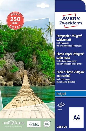Avery Zweckform Art. 2559-20 Premium Inkjet Fotopapier (20 Blatt, 250 g/m², DIN A4, seidenmatte Fotokarten, einseitig beschichtet, sofort trocken & wischfest, Fotoblätter für Inkjet-Drucker) weiß von AVERY Zweckform